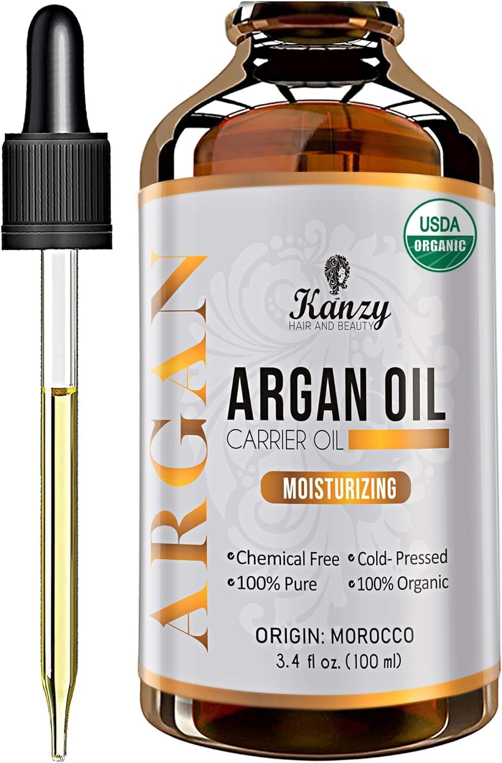 Kanzy Argan Oil 100% Pure Bottled in Morocco 100ml - Organic Moroccan Argan Oil for Skin and Hair Vegan Cold Pressed Hair Oil for Dry Damaged Hair and Body for both Men and Women