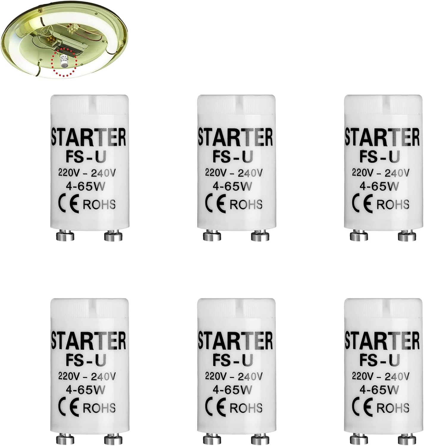 Gruvox 6PCS Fluorescent Light Starter 4-65w/220-240V for T8/T12 Tubes, Suitable for LED Strip and Fluorescent Lamps (Energy Class G)