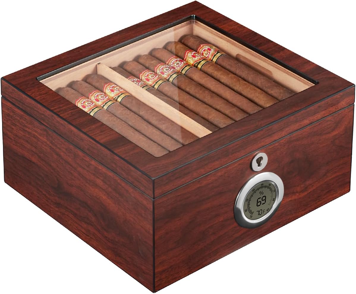 Flauno Cigar Humidor, Spanish Cedar Wood, Air Circulation System, Accurate Digital Hygrometer, Up to 60 Cigars, 2 Humidifiers, 2 Dividers, Glass Top Cigar Box with Lock, Gift for Cigar Lovers