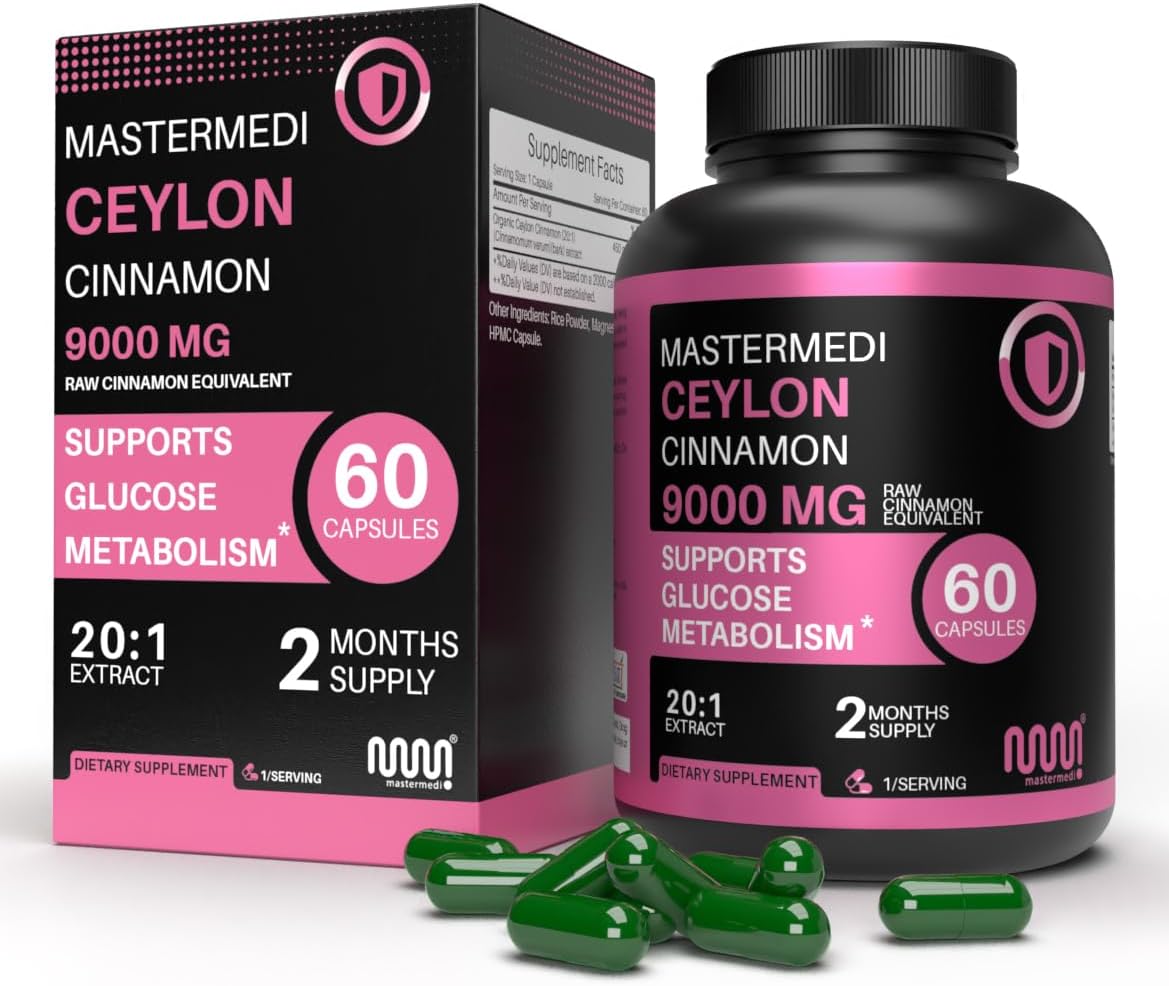 mastermedi Ceylon Cinnamon Capsules – 9000mg Raw Equivalent per Serving | 20:1 Extract | Supports Glucose Metabolism & Digestive Health | 60 Vegan Capsules | 2-Month Supply