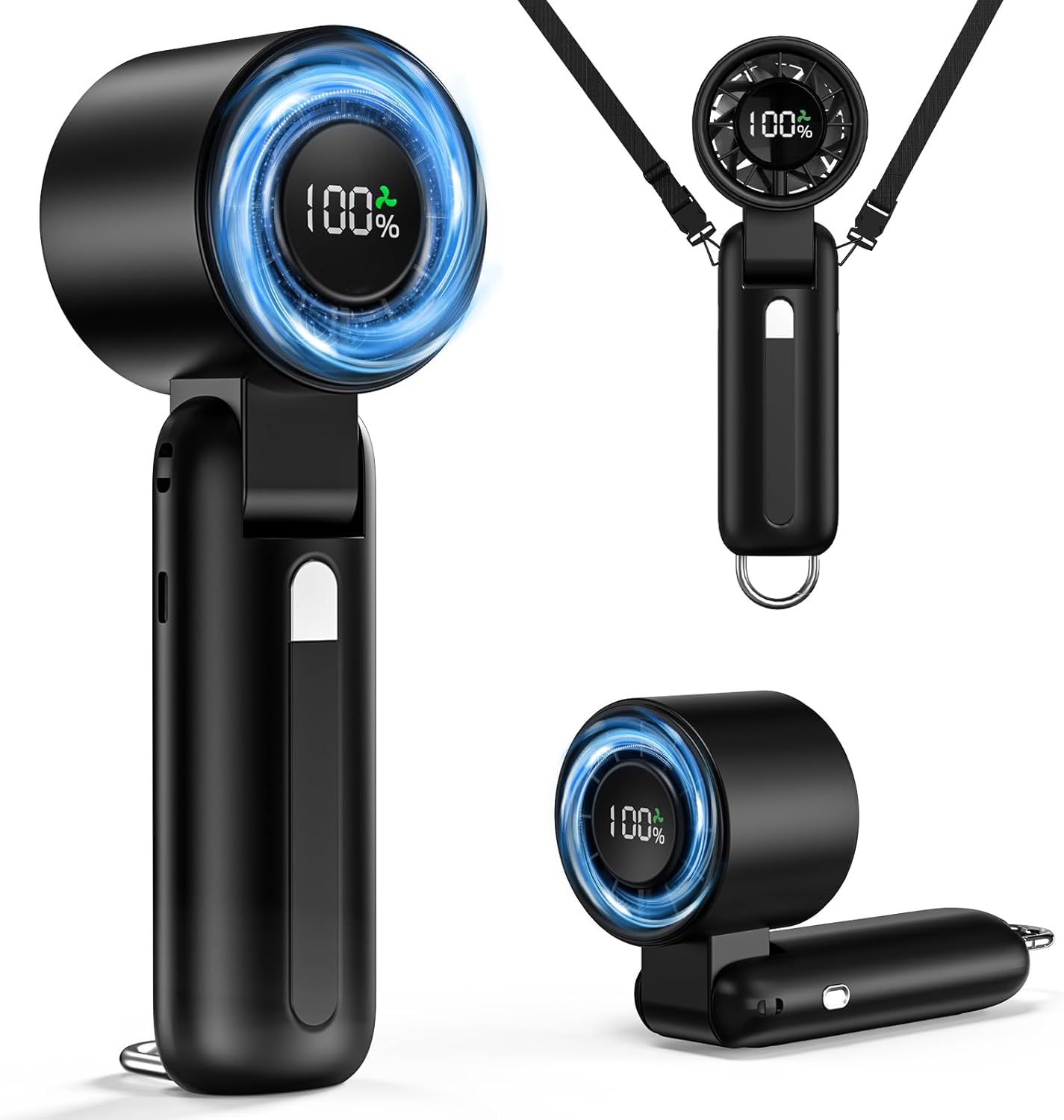 4 in 1 Turbo Handheld Fan - 100-Speed Adjustable, 160° Flexible Head, 5000mAh, 7-Blade High-Speed Cooling - Portable, Foldable & Carabiner Clip for Travel, Office, Camping (Black)