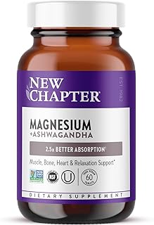 New Chapter Magnesium + Ashwagandha Supplement, 325 mg with Magnesium Glycinate, 2.5x Absorption, Muscle Recovery, Heart & Bone Health, Calm & Relaxation, Gluten Free, Non-GMO - 60 ct (2 Month Supply)
