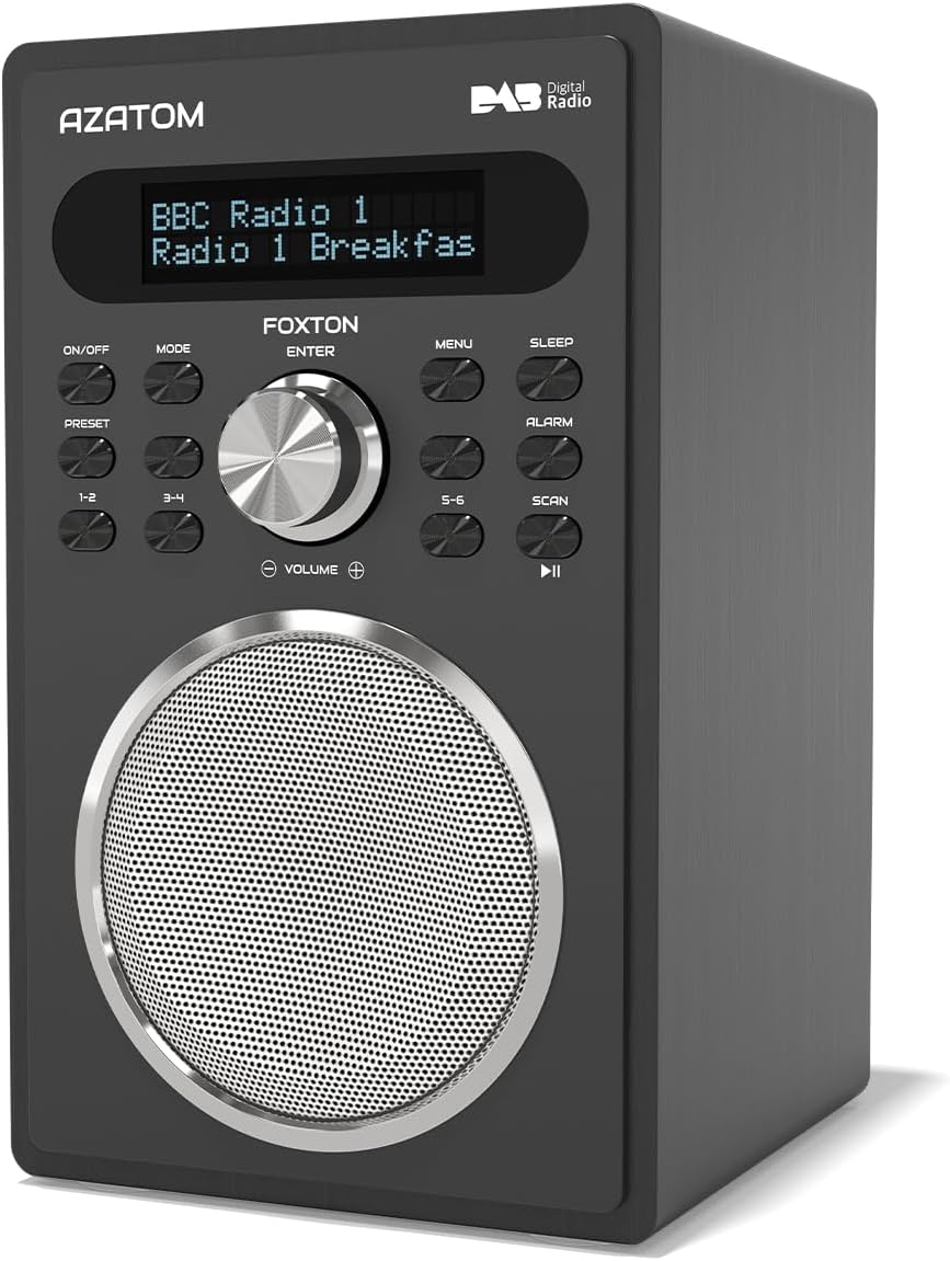 DAB/DAB+ & FM Digital Radio | Simple Controls | Dual Alarms & Sleep Timer | Mains Powered | Bluetooth | USB Device Charging | Perfect for Home, Office or Outdoors | AZATOM Foxton FX2 (Black)