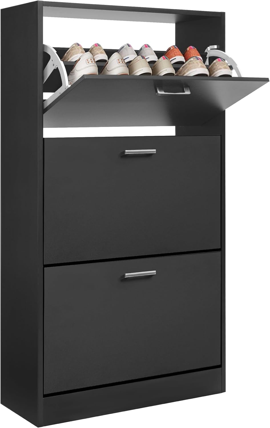 Blisswood Black 3 Drawer Shoe Cabinet Cupboard, Pull Down Shoe Storage Organiser Wooden Furniture Unit, Space Saving 3 Tier Shoe Rack Cabinet Footwear Stand for Living Room Hallway Furniture