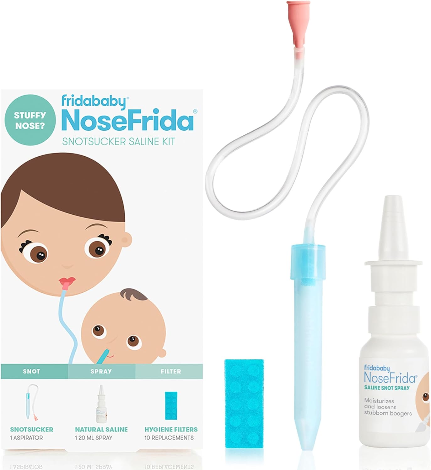 Frida Baby NoseFrida the SnotSucker Saline Bundle: Nasal Aspirator for Baby, Baby Nose Sucker, NoseFrida + 10 Hygiene Filters + 20ml All-Natural Saline Spray
