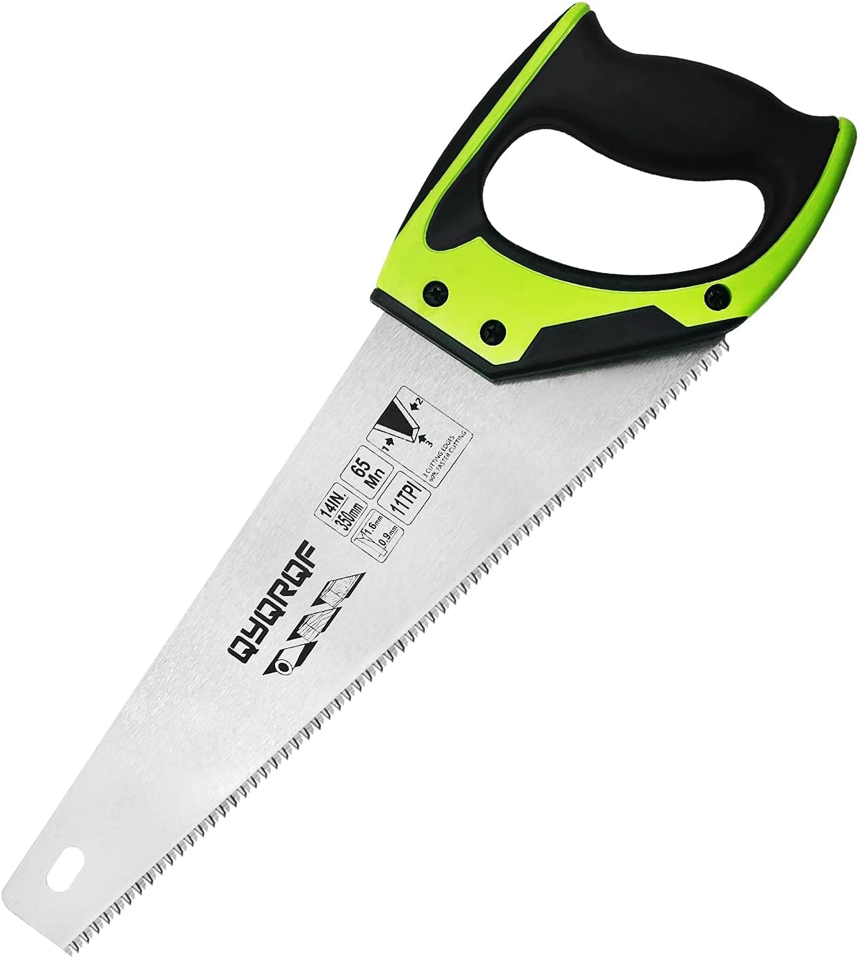 14 in. Pro Hand Saw, 11 TPI Fine-Cut Soft-Grip Hardpoint Handsaw Perfect for Sawing, Trimming, Gardening, Cutting Wood, Drywall, Plastic Pipes, Sharp Blade, Ergonomic Non-Slip Handle (green)