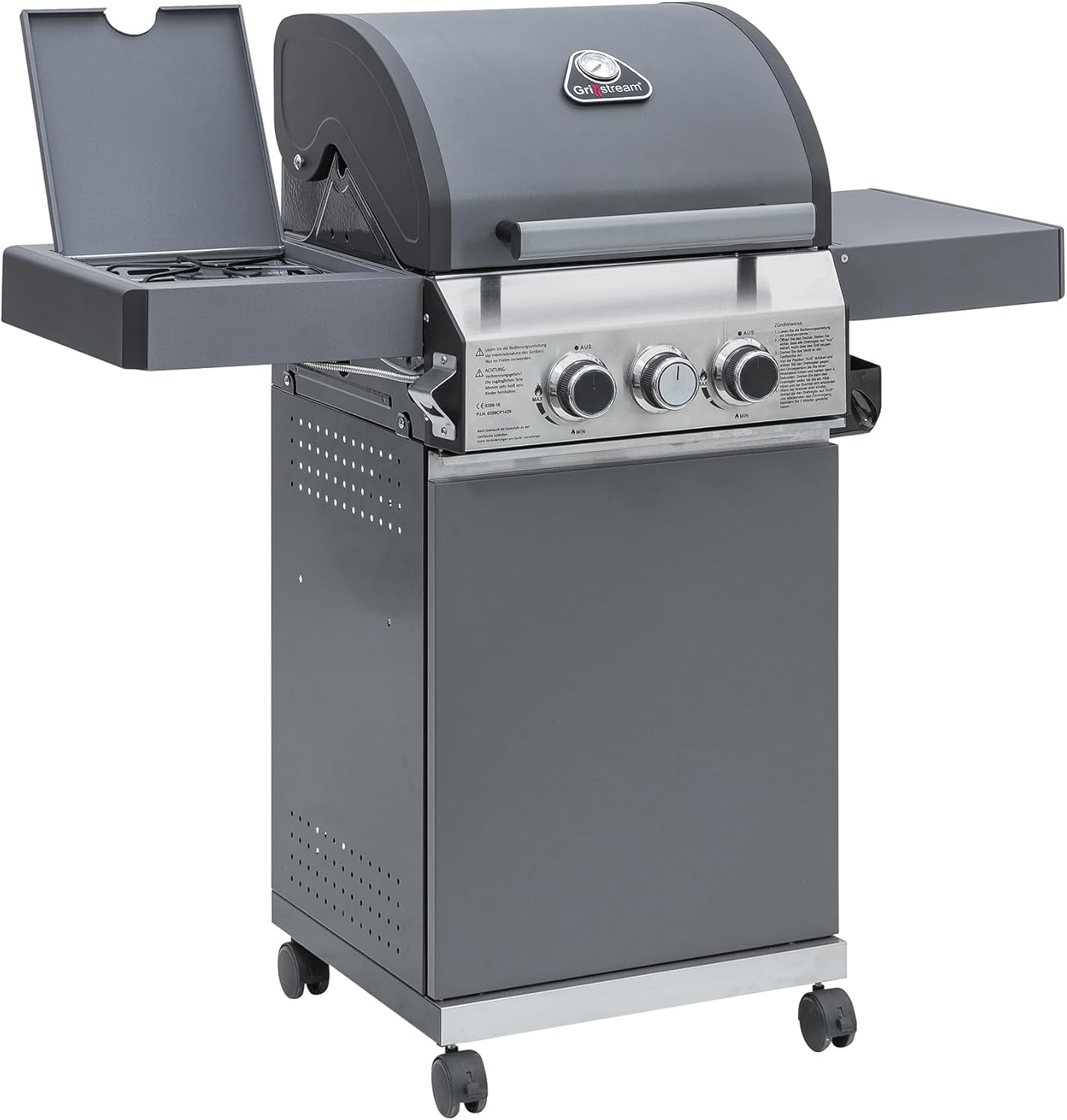 Grillstream Classic 2 Burner Freestanding Barbecue with Side Burner, Gas & Charcoal Hybrid Grill for Gardens, Griddle Included, Matt Grey