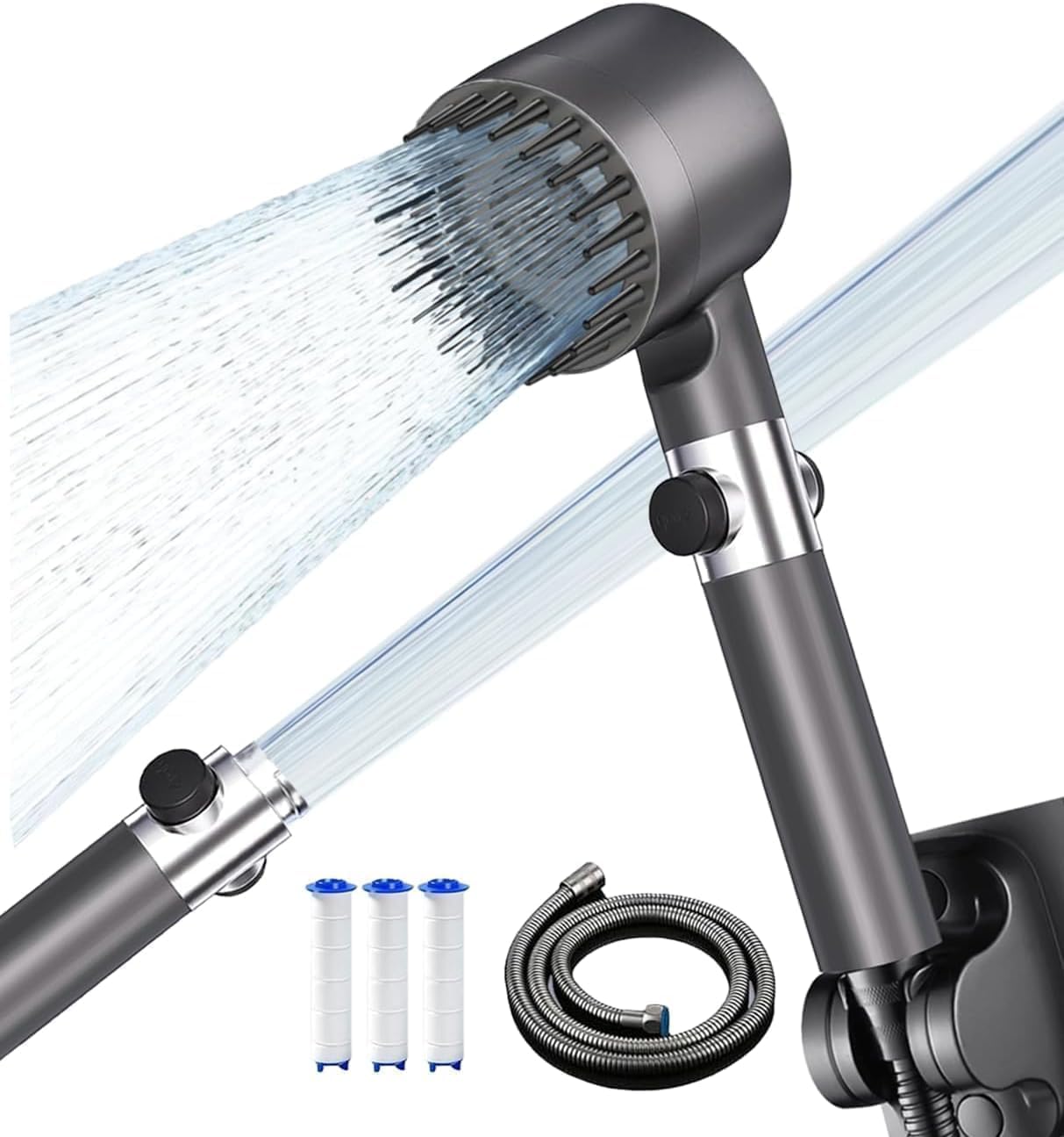 High Pressure Shower Heads, Hard Water Filter Shower Head with 1.5M Shower Hose and Shower Stand, Massage Water-Saving Large Shower Head, 4 Spray Modes Showerhead with Pause Switch-Grey