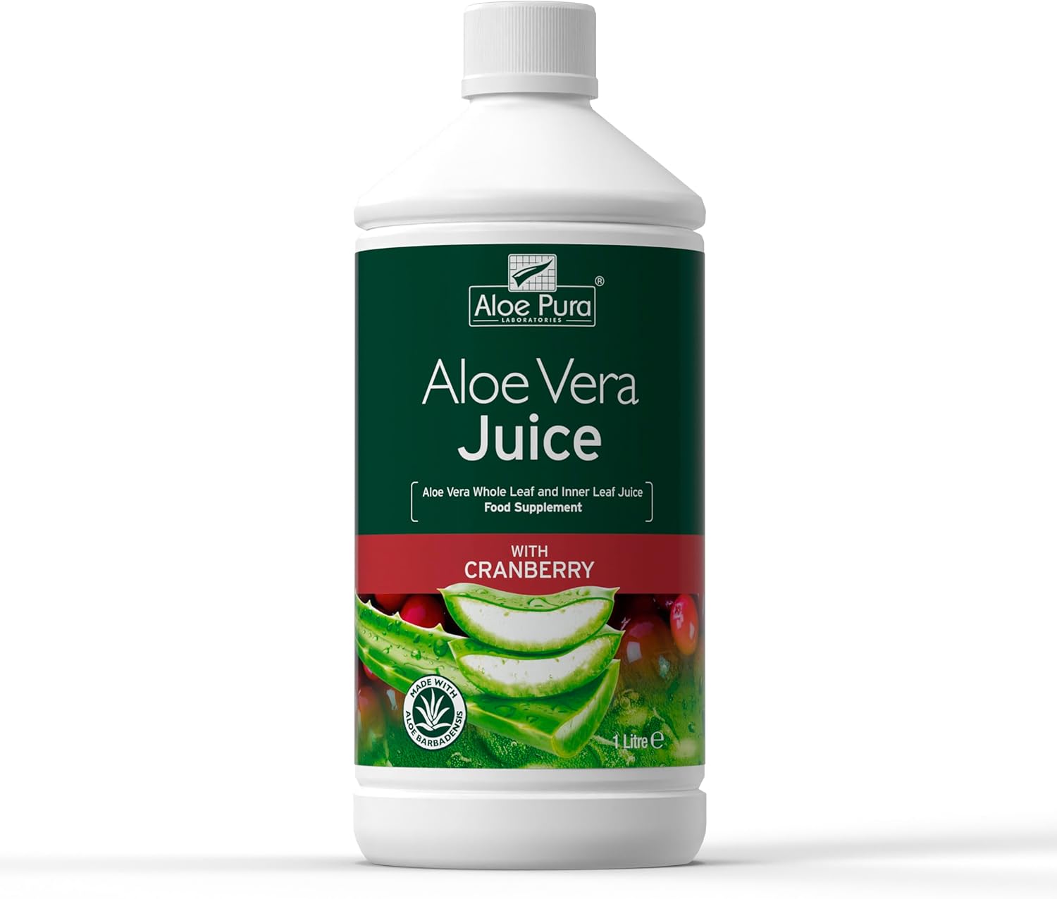 Aloe Pura Aloe Vera Juice with Cranberry, Natural, Vegan, Cruelty Free, Food Supplement, 1ltr