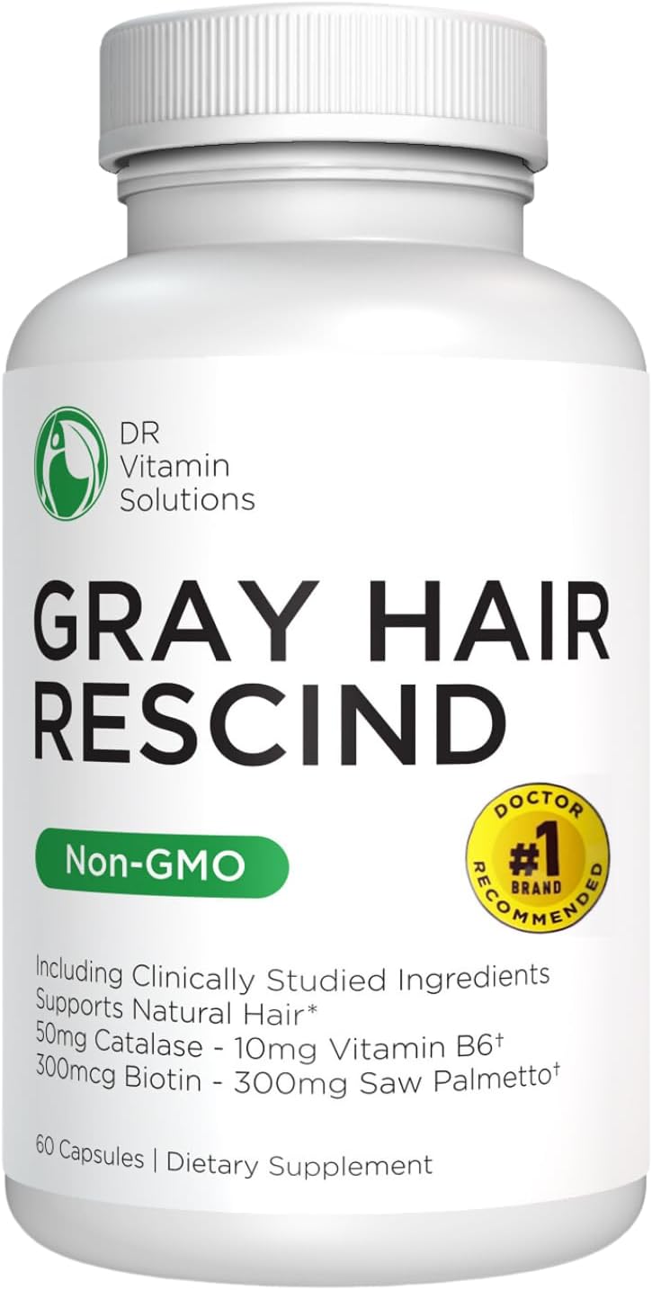 DR VITAMIN SOLUTIONS Gray Hair Rescind with Catalase - Antiaging Hair, Skin and Nails Vitamins, Pantothenic Acid, Folic Acid 400mcg, Biotin 300mcg, Saw Palmetto for Men and Women