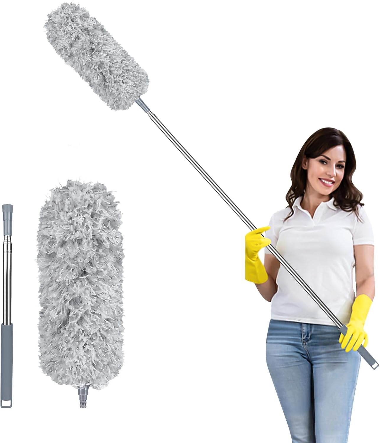 2025 Upgraded Extendable Feather Duster with Soft Silicone Cap, Telescopic Long Handled Microfiber Dusters for Cleaning, Cobweb High Ceiling Fan Roof Blinds Cars, Washable & Bendable
