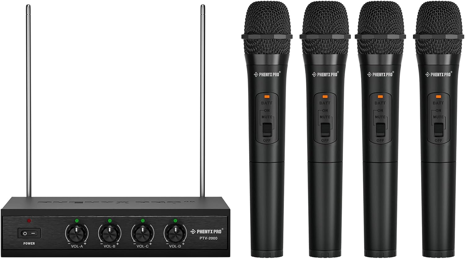 Phenyx Pro Wireless Microphone System, 4 Channel VHF Wireless Mics, w/ 4 Handheld Dynamic Microphones, Metal Receiver, Long Range, Microphone for Singing, Karaoke, Church (PTV-2000A)