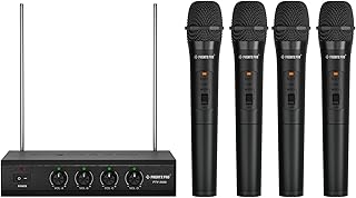 Phenyx Pro Wireless Microphone System, 4 Channel VHF Wireless Mics, w/ 4 Handheld Dynamic Microphones, Metal Receiver, Long Range, Microphone for Singing, Karaoke, Church (PTV-2000A)