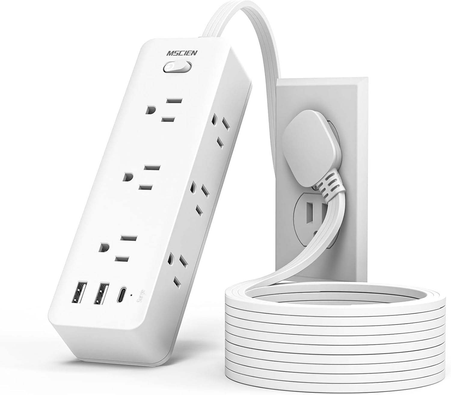 5 FT Extension Cord with Multiple Outlets, MSCIEN Flat Plug Power Strip, 6 Outlet Extender with 3 USB Ports, Power Strip with Surge Protector, Wall Mounted for Home, Office, Dorm, Kitchen, White