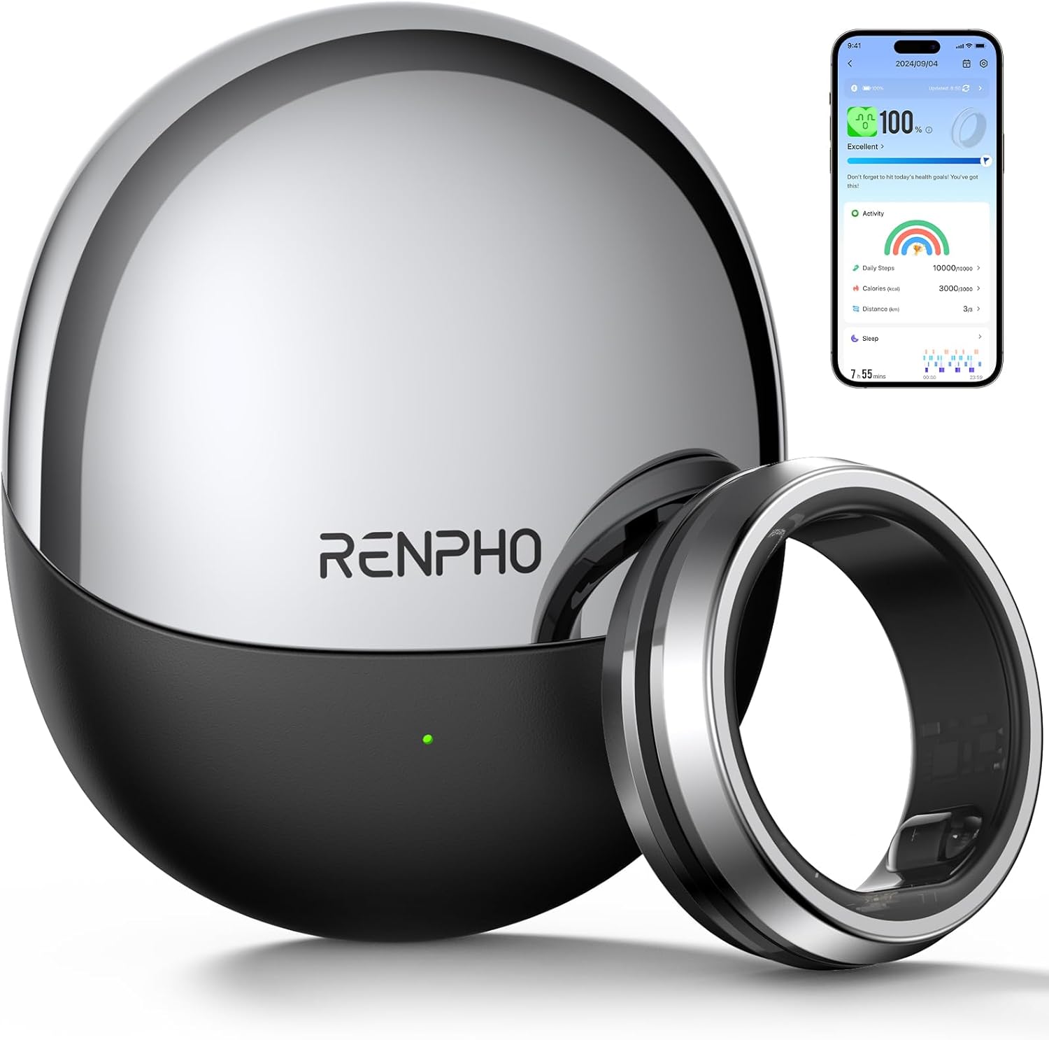 RENPHO Lynx Smart Ring, Size First with Sizing Kit, Fitness Tracker for Women & Men, Sleep Tracker, 7-Day Battery Life, Titanium, Waterproof, Subscription-Free App (Silver, Size 10)
