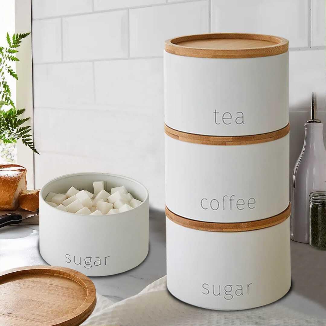 3 Pieces Jar with Wooden Lid Tea Coffee Sugar Canister Storage Container Bowl Pots Kitchen Storage Tins (White)