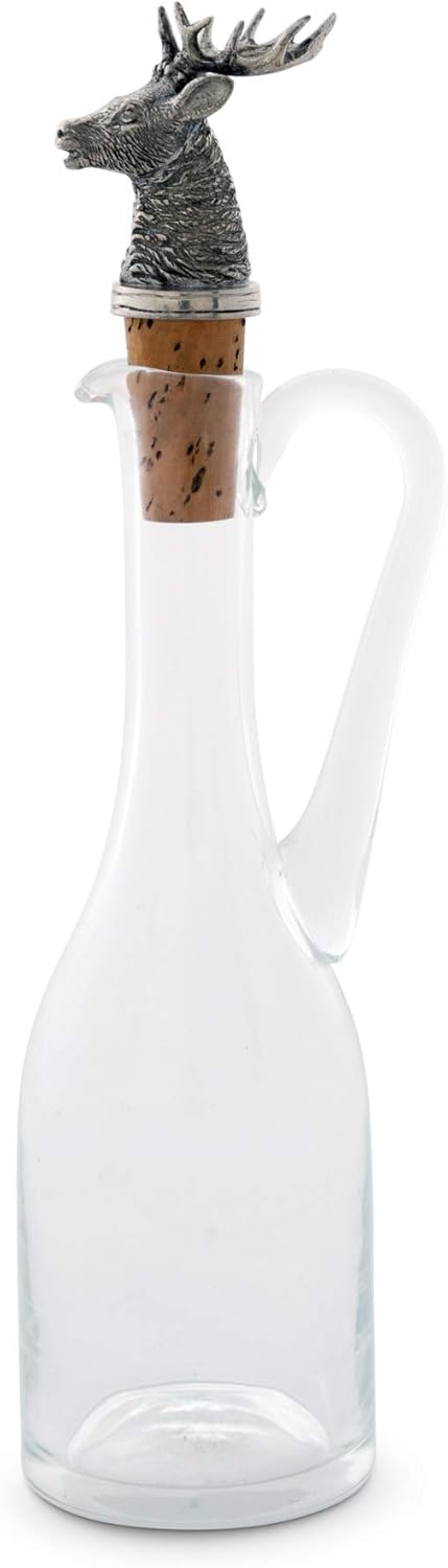 Vagabond House Hand-Blown Cruet Glass Bottle with Cork Stopper in Solid Pewter Elk Head Handle Honey Oil Salad Vinegar Dressing Bottle - Hand Blown 9 inch Tall 5 oz