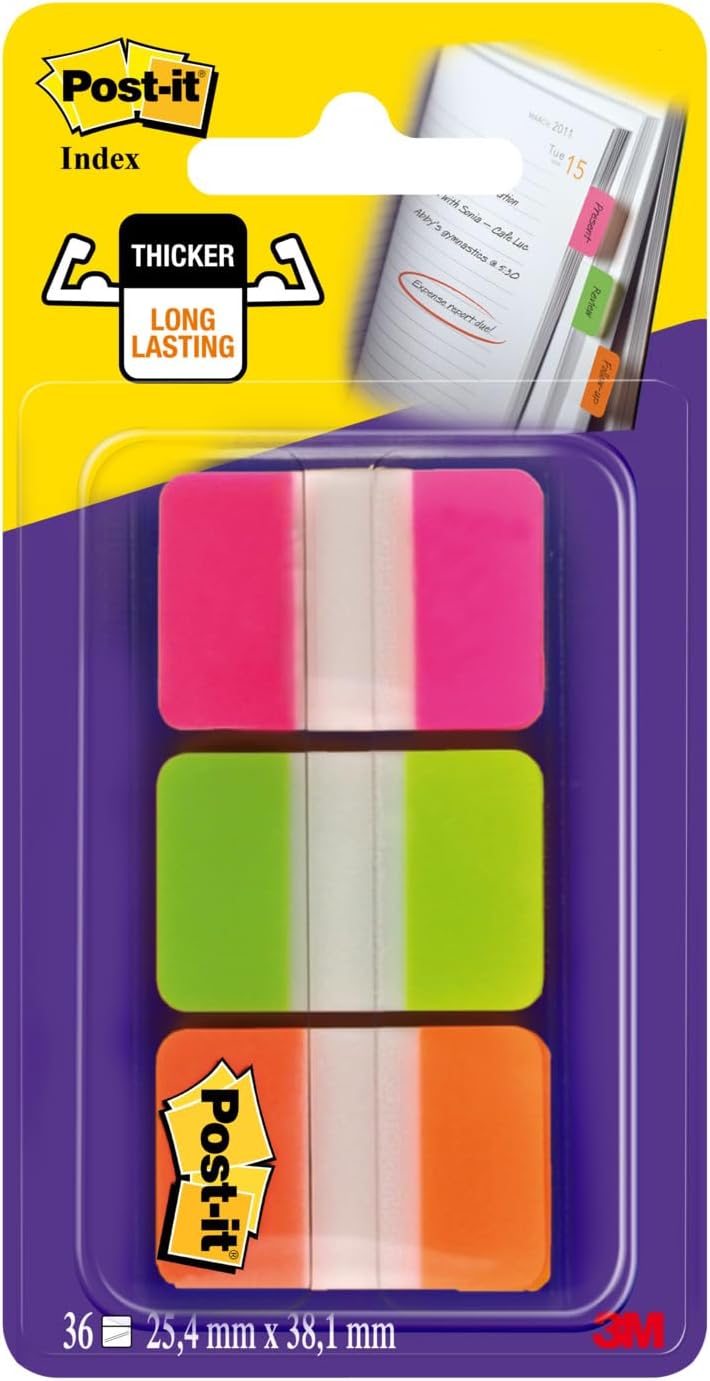 Post-it Index Medium Strong Filing Tabs, 36 Tabs, 25.4 mm x 38.1 mm, Orange, Pink and Green - Sticky Flags for Documents and Information
