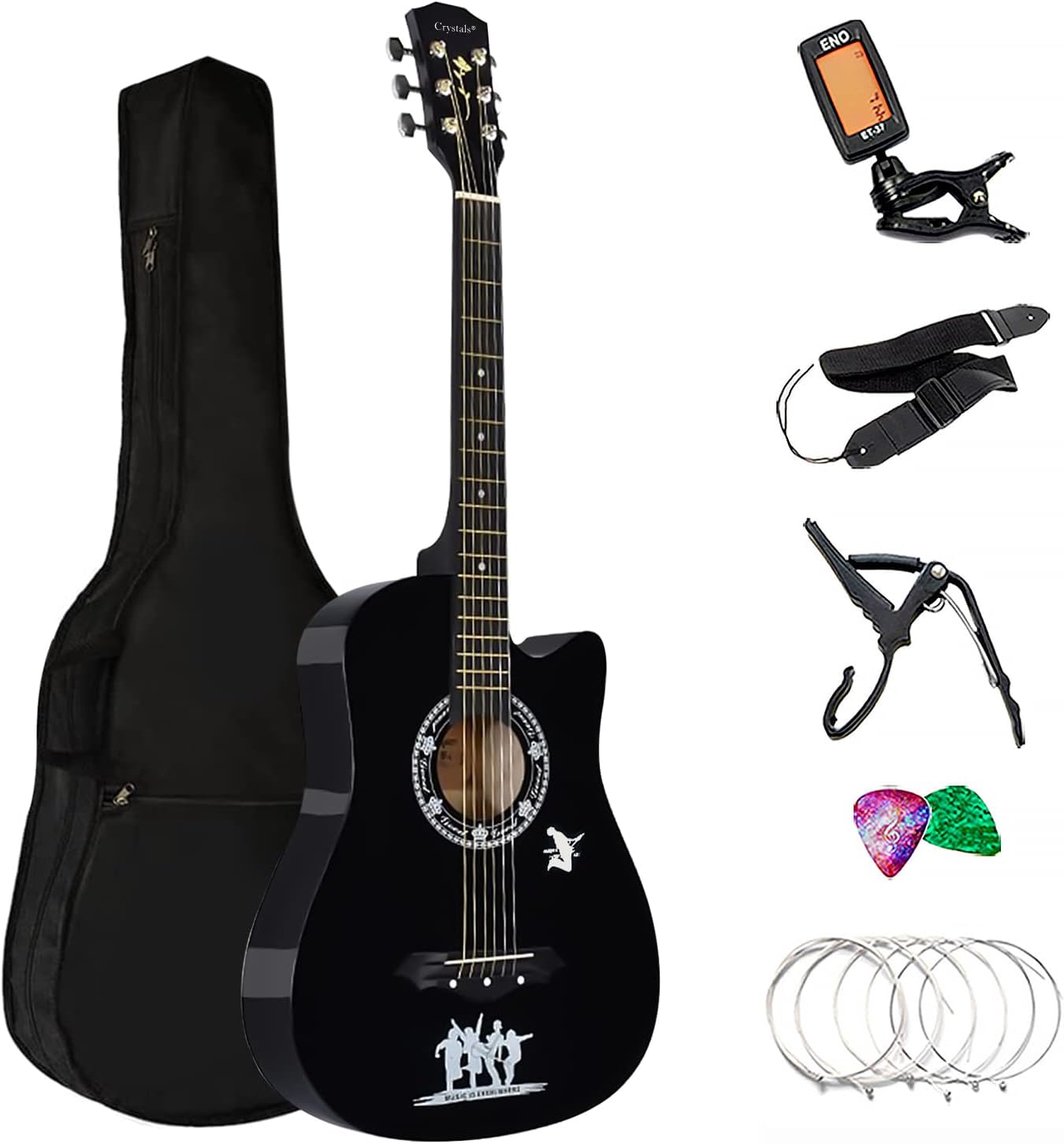 4/4 Size 38" Classic 6 Strings Acoustic Guitar Full Package Pack with Accessories (Black)