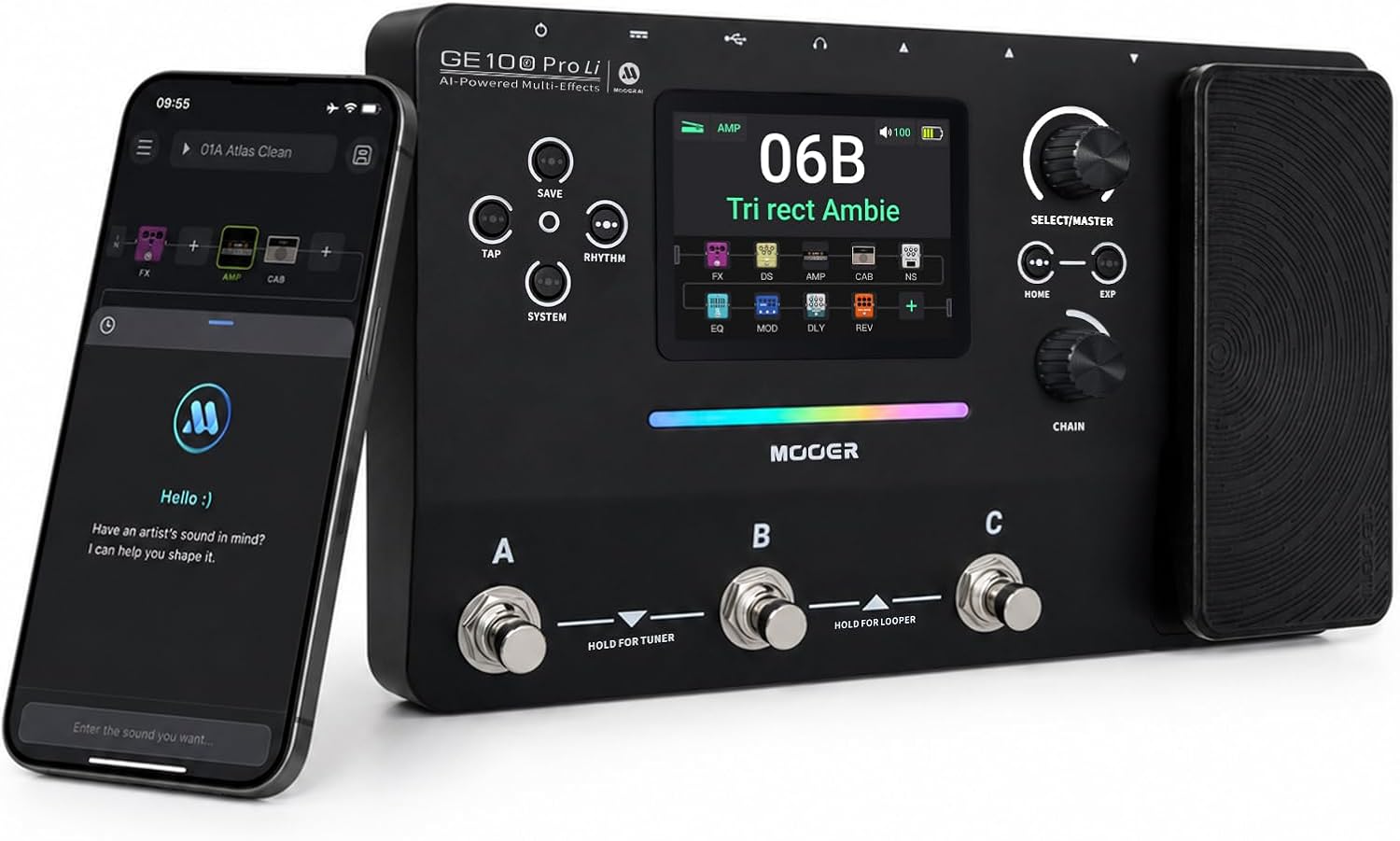 MOOER GE100Pro Li Guitar Multi-Effects Pedal 3.5 inch screen AI Assistant | 240 Effect Types, 80 Second Stereo Looper, Drum Machine, RGB Lighting, Mobile APP & PC Editing for Stage & Recording