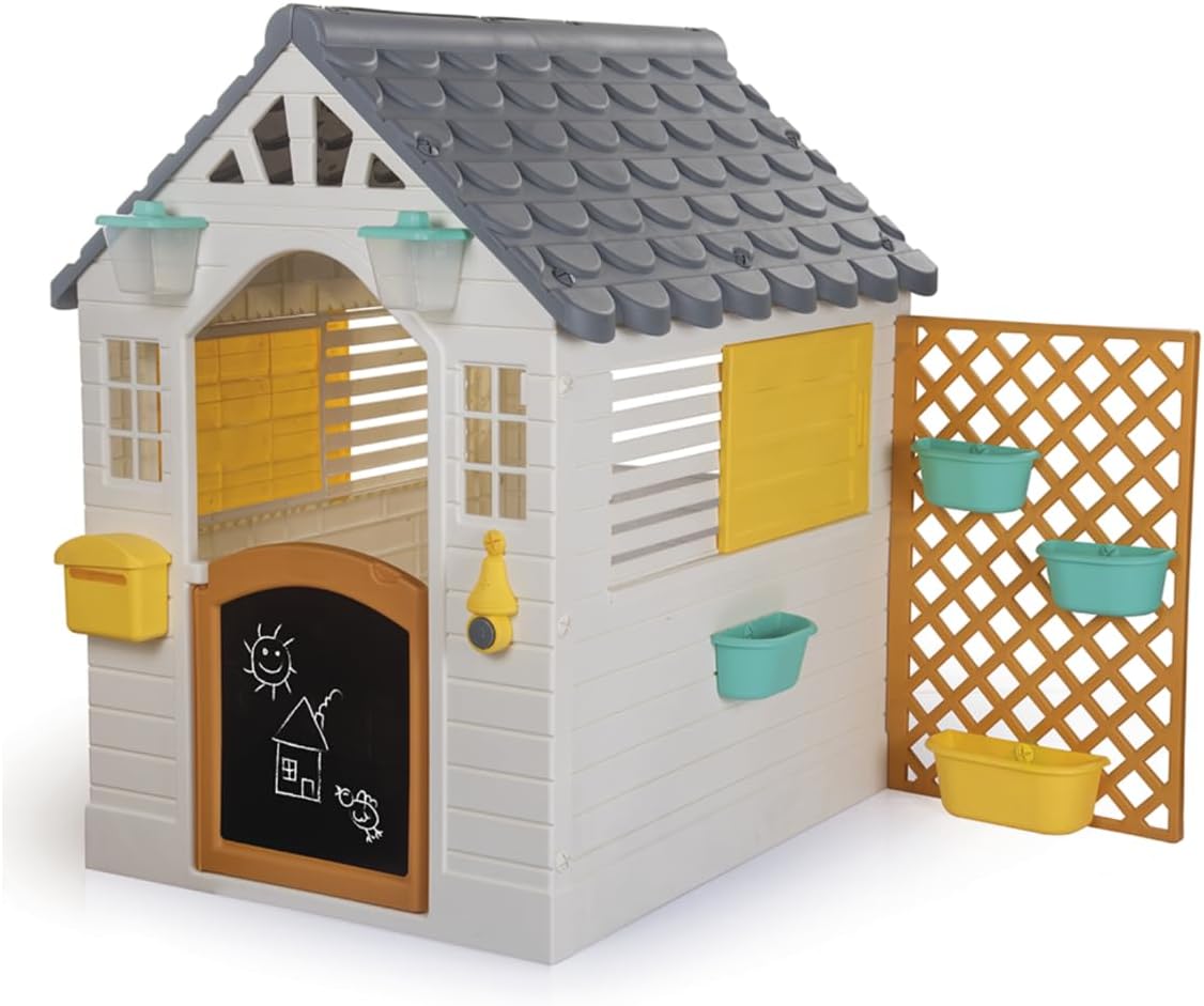 Dolu Garden Playhouse with Fence – Sturdy Outdoor Play House for Kids, 127 x 140 x 107.5 cm, White and Grey