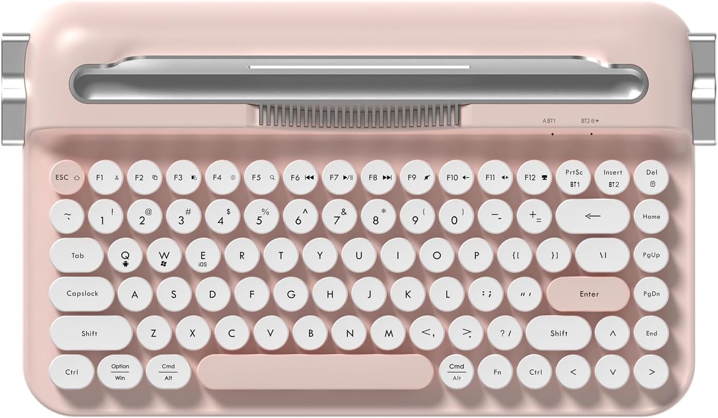 Ajazz AF84 Wireless Membrane Silent Typewriter Keyboard, Bluetooth/2.4G Dual-Mode Connection, Cute Retro Aesthetic Design with Integrated Stand for Tablet, Phone, PC and Win/Mac/Android Pink