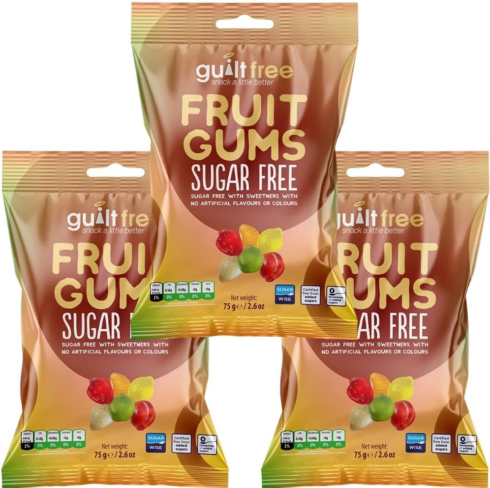 Guiltfree Sugar Free Fruit Gums Sweets Gummy Chewy Sweets | for Diabetic Gift Hamper Basket Available - Perfect for Gifting | 3 x 75g Resealable Pack