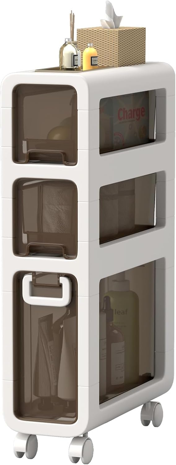 3-Tier Narrow Bathroom Storage Cabinet,Waterproof Slim Bathroom Organizers and Storage Toilet Side Storage Removable Bathroom Cart with Drawers and Wheels for Small Spaces,Already Assembled