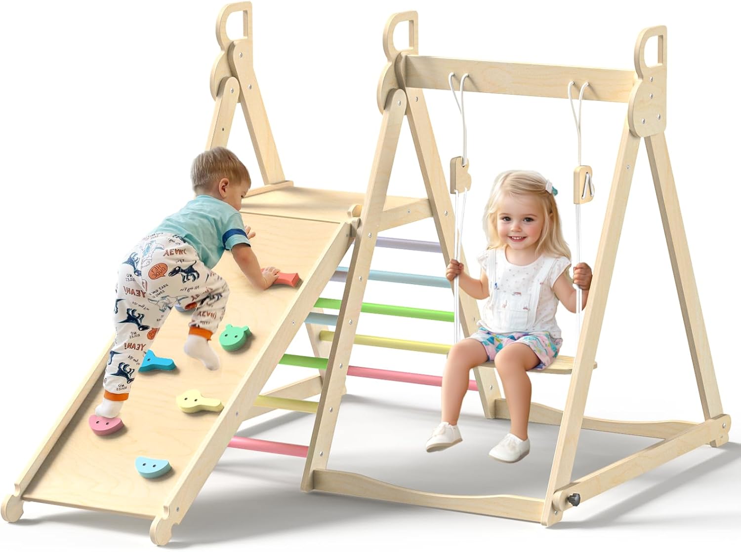 BlueWood 4 in 1 Indoor Jungle Gym, Foldable Wooden Climbing Set with Swing, Slide, Ladder and Climbing Wall, Montessori Philosophy Climber Playset for Kids Aged 2+ (Rainbow)