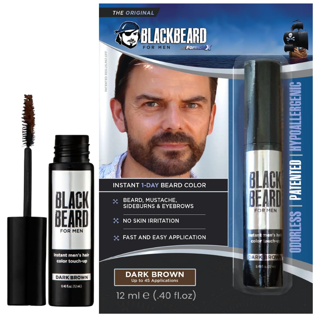 Blackbeard for Men Instant Beard Color – All Day Beard, Mustache, Eyebrow, and Sideburns Color – Temporary, Hypoallergenic Beard Dye Alternative – Up to 45 applications – Dark Brown, 1 Pack