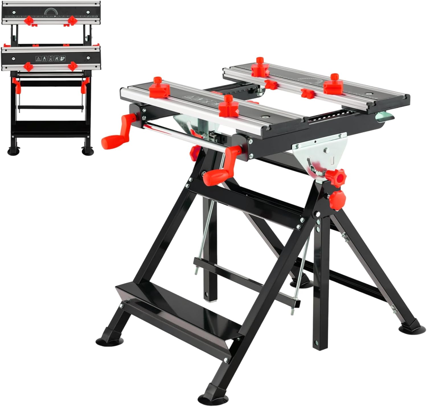 HOMFME Folding Workbench, 7 Level Height Adjustable Workstation Tool Stand with 4 Position Tiltable Platform, 8 Sliding Clamps, Protractor and Ruler, Heavy Duty Metal Work Bench Table Sawhorse (Red)