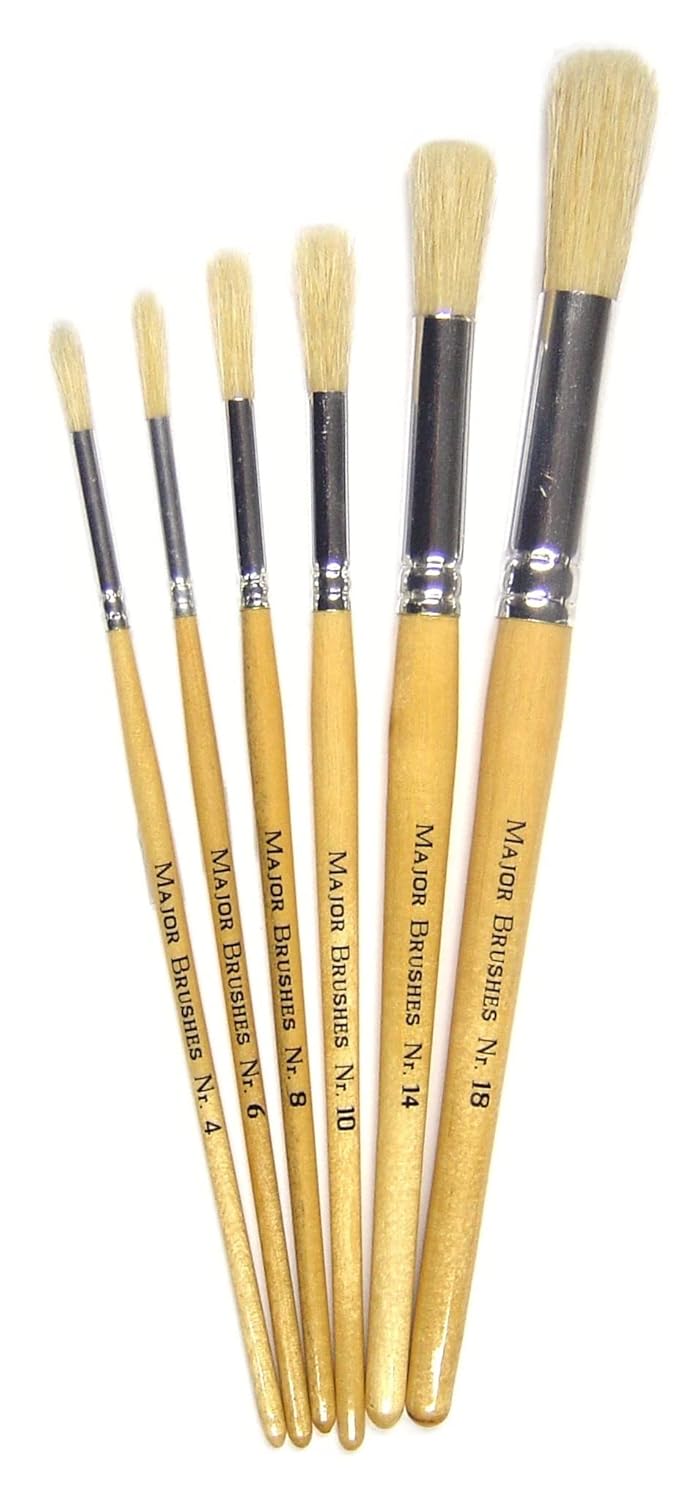 Major Brushes Hog Bristle Short Handle Round Tip Paint Brushes - Set of 6