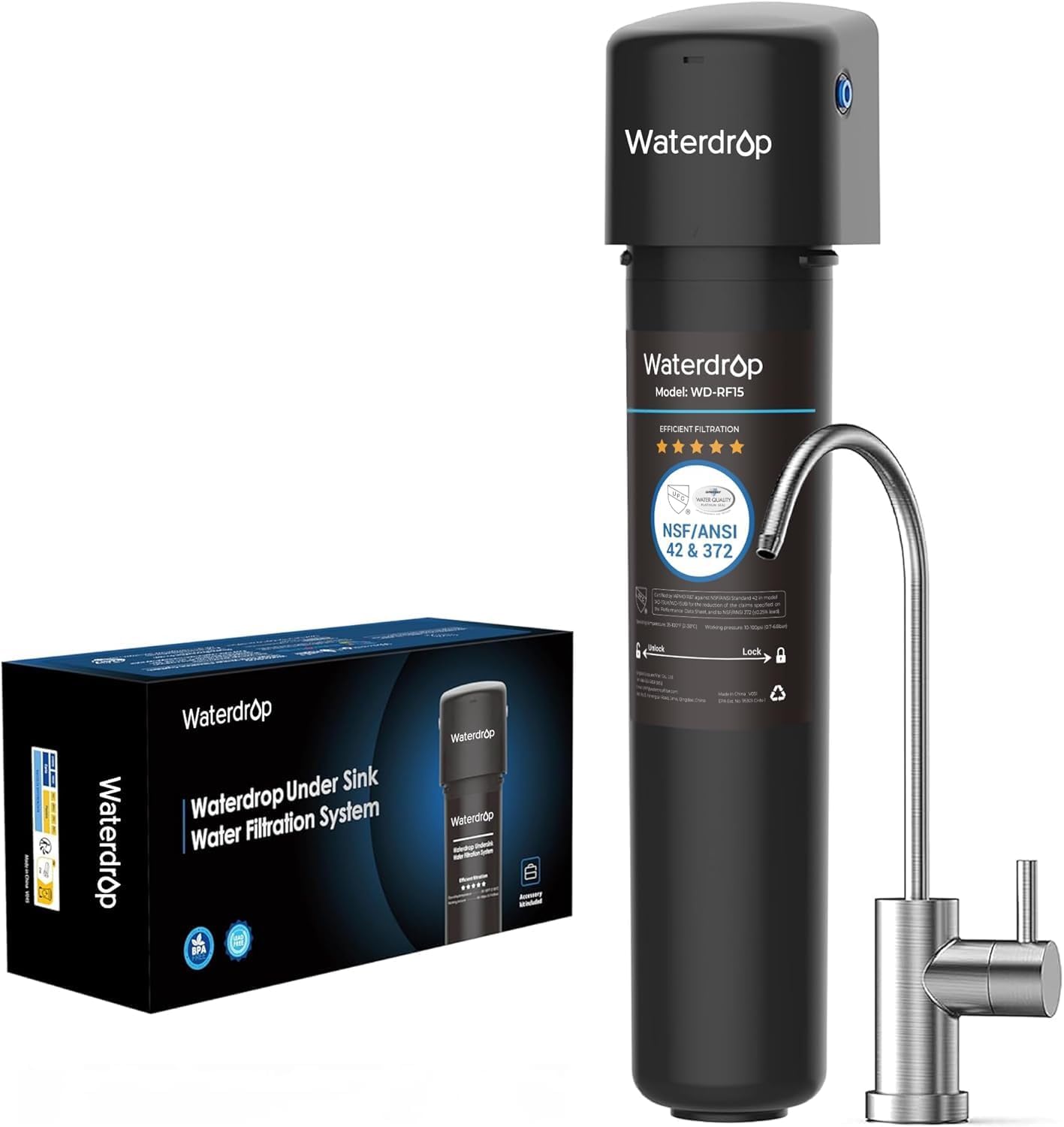 Waterdrop 15UB Under Sink Water Filter, Under Sink Water Filtration System for 2 Years, NSF/ANSI 42 Certified, Reduces PFAS, PFOA/PFOS, Lead, Under Sink Water Filter with Faucet, 16K Gallons