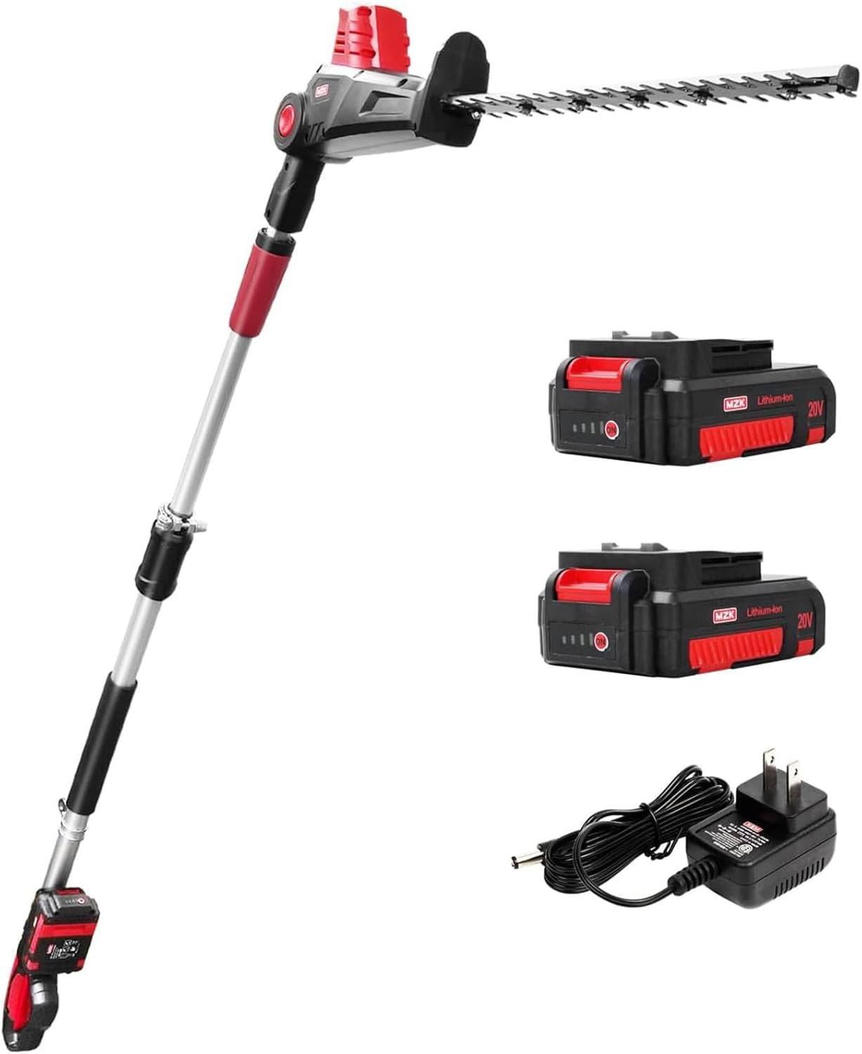 MZK 20V MAX 23-inch Cordless Pole Hedge Trimmer Attachment, 8-Feet Reach, Electric Hedge Trimmer with Extension Pole, Multi-Angle (Two Batteries and Charger Included)