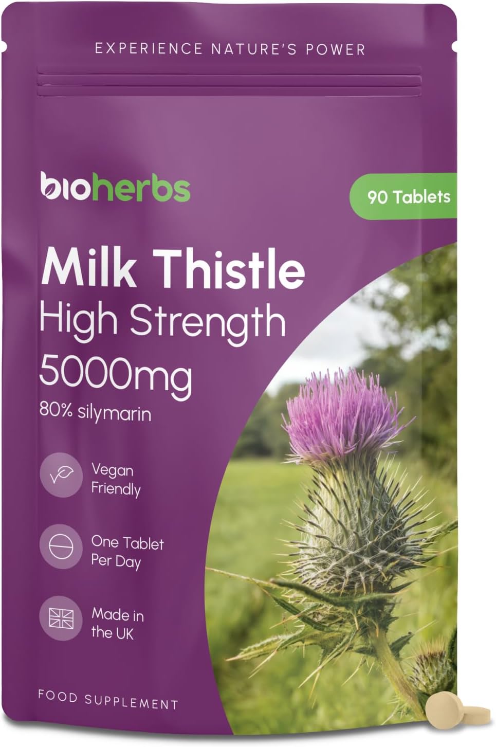 Milk Thistle High Strength 5000mg - 80% Silymarin (125mg Extract) by BioHerbs | 90 One-Per-Day Milk Thistle Tablets (3-Month Supply)