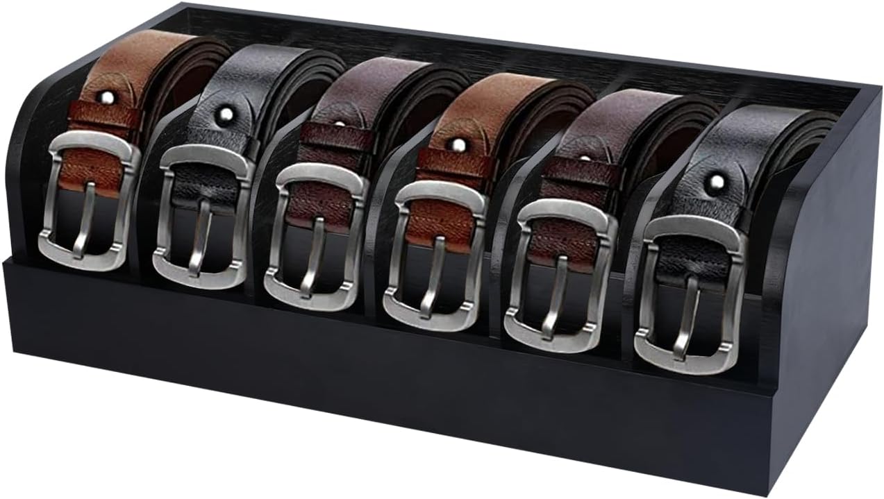 Belt Organizer, 6 Compartments Belt Organizer for Closet and Drawer, Bamboo Display Case for Tie and Belt, Belt Storage Organizer for Men Women (Black)