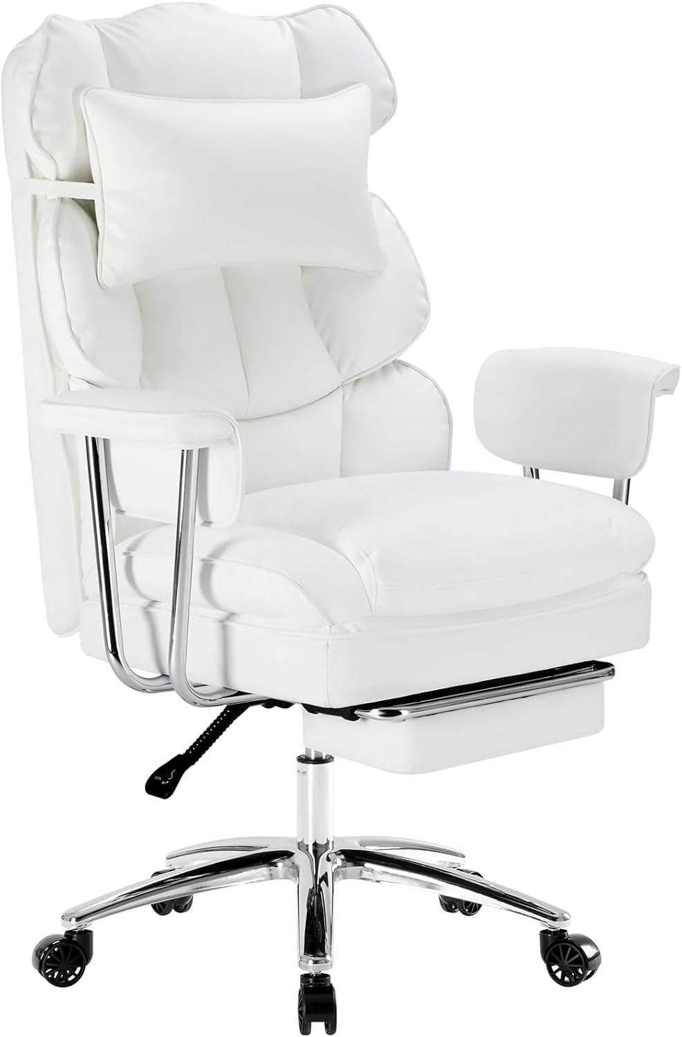 Sweetcrispy Executive Home Office Desk Chair - Ergonomic Big Tall High Back with Footrest & Lumbar Support, Reclining Height Adjustable, Comfy PU Leather Computer Gaming with Swivel Wheels, White