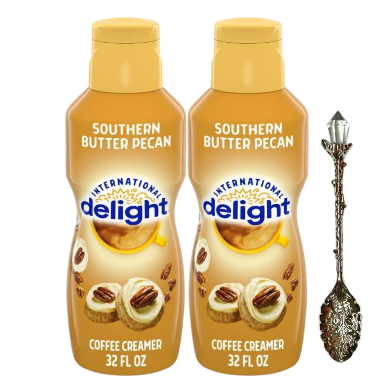 International-Delight Liquid Coffee Creamer.- Two (2) 32 fl oz Bottles of Creamy Smooth Delightful Coffee Creamer and Candy Freezer Gem Spoon (Southern Butter Pecan) Gem Spoon