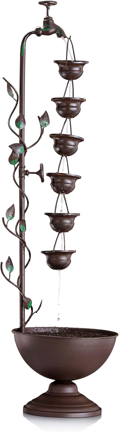 Alpine Corporation MAZ254 Outdoor Floor Tiered Vintage Water Fountain w/ 6 Hanging Cups, Soothing Tier Waterfall, 38", Bronze