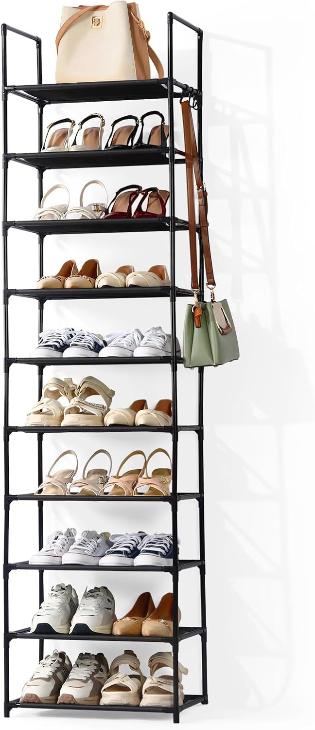 JVISION 10-Tier Tall Metal Shoe Rack with Hooks Premium Non-Woven Stackable Shoe Storage Organiser for Hallway & Bedroom, Holds Up to 20 Pairs