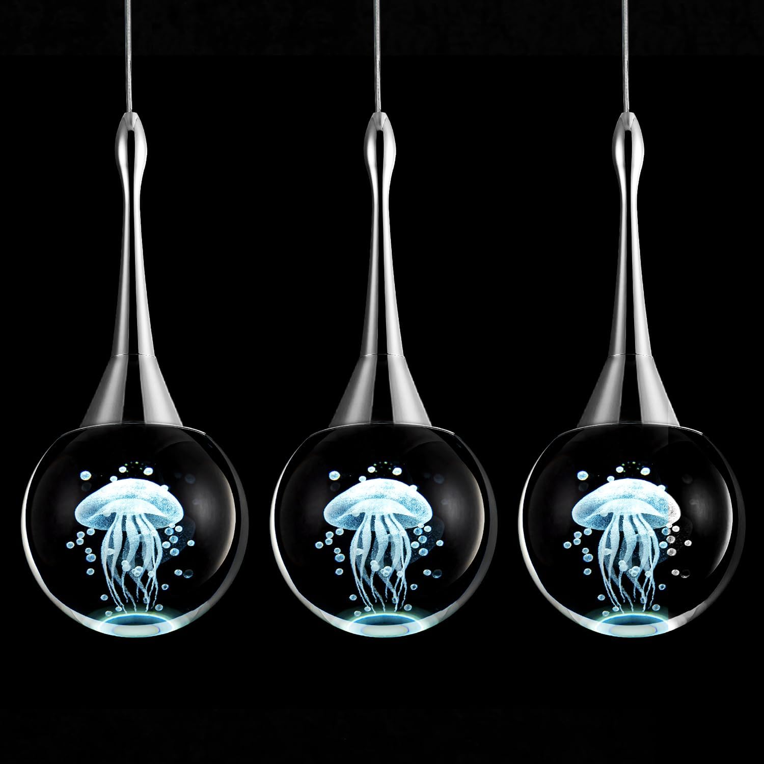 CHYING 1-Light Teardrop Crystal Pendant Light Mini LED Ceiling Hanging Light Globe Jellyfish Pendant Lighting for Kitchen Island Bathroom Dining Room Bar 6000K Cool White Chrome 3 Pack
