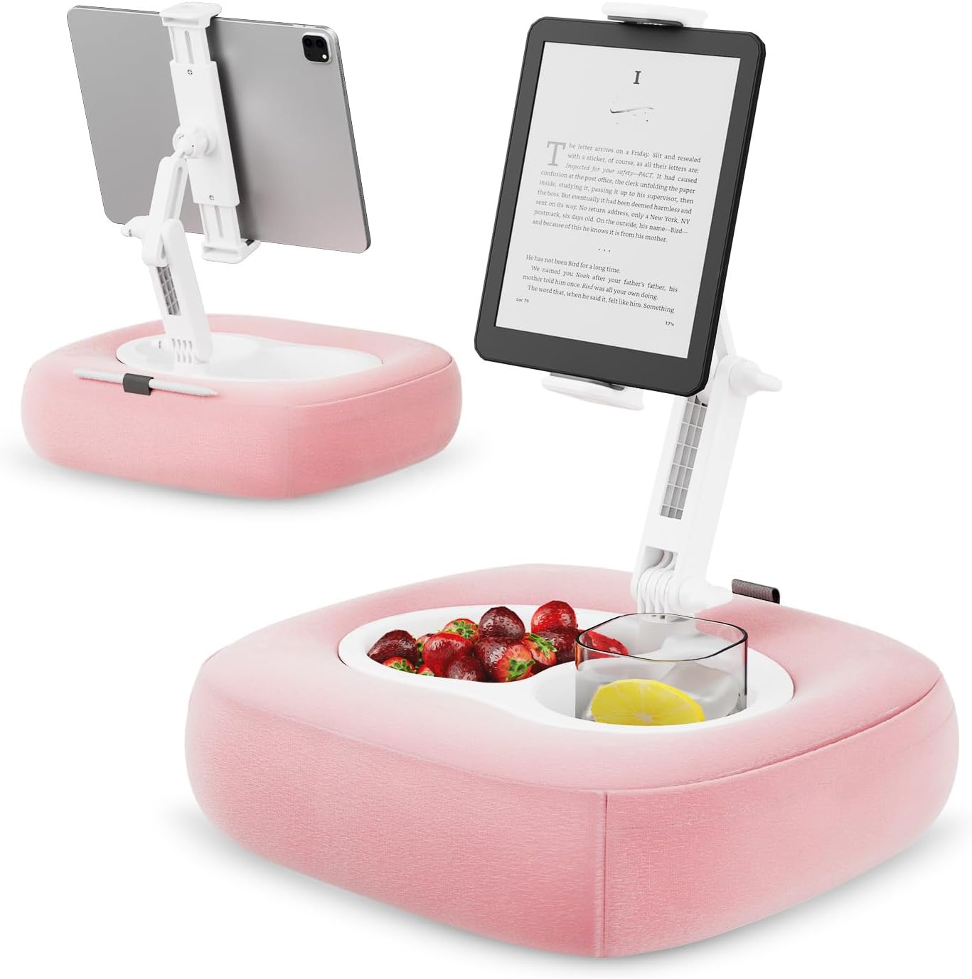 Tablet Pillow Stand, Adjustable Kindle Holder with 2 Snack Bowls, 360° Adjustable iPad Stand for Bed with 4.7''-13'' iPad, Kindle, Phone, Gift for Reading Accessories on Bed, Sofa, Pink