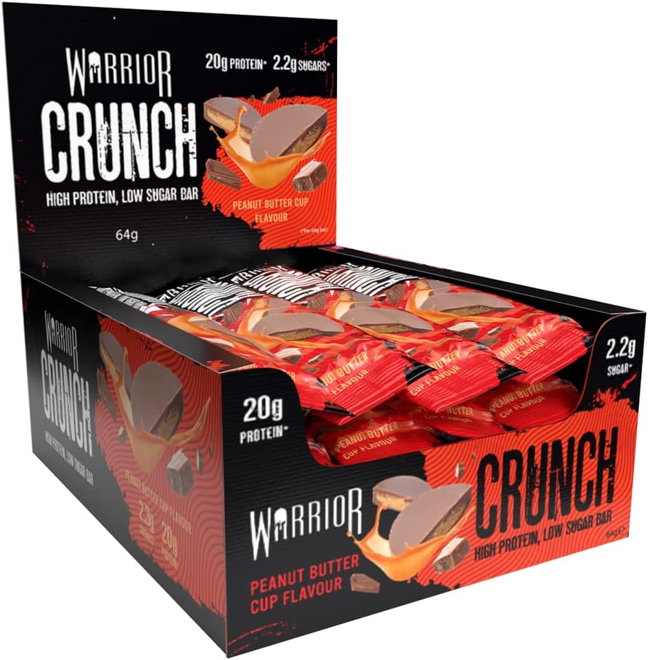 Warrior Crunch - High Protein Bars - 20g Protein Each Bar - Low Carb, Low Sugar Snack - 12 Pack x 64g (Peanut Butter Cup)