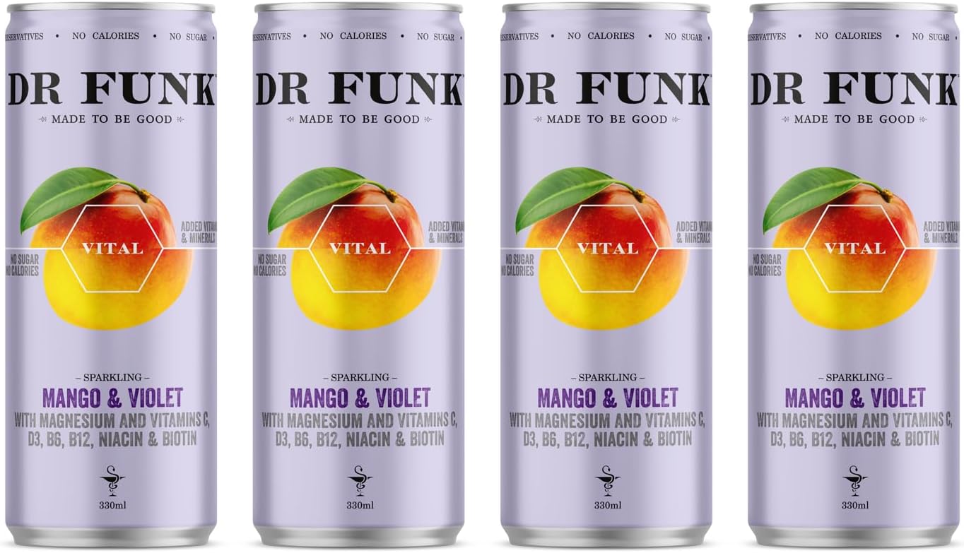 Dr. Funk Mango & Violet Sparkling Flavoured Water with NO Sugar & NO Calories with 6 added Vitamins and 1 Essential Mineral, Pack of 4 Cans x 330ml