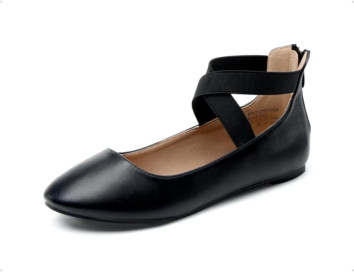 DREAM PAIRS Women's Sole_Stretchy White/PU Elastic Ankle Straps Ballet Flats Shoes Size