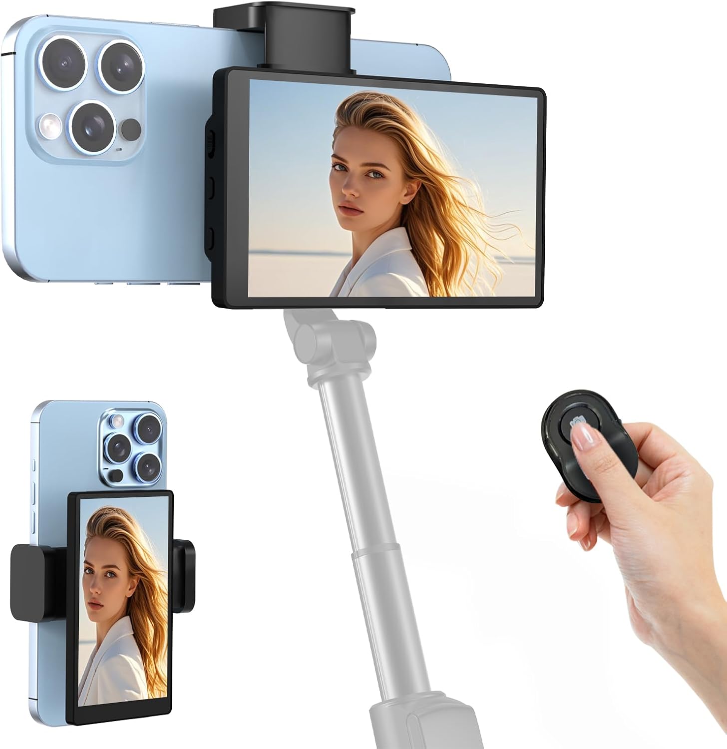 APEKX 5" Vlog Selfie Monitor Screen - Wireless/Wired Streaming for iPhone and Android, Low Latency, with Magnetic Clip-on Mount, TikTok/YouTube Live Ready (Black)
