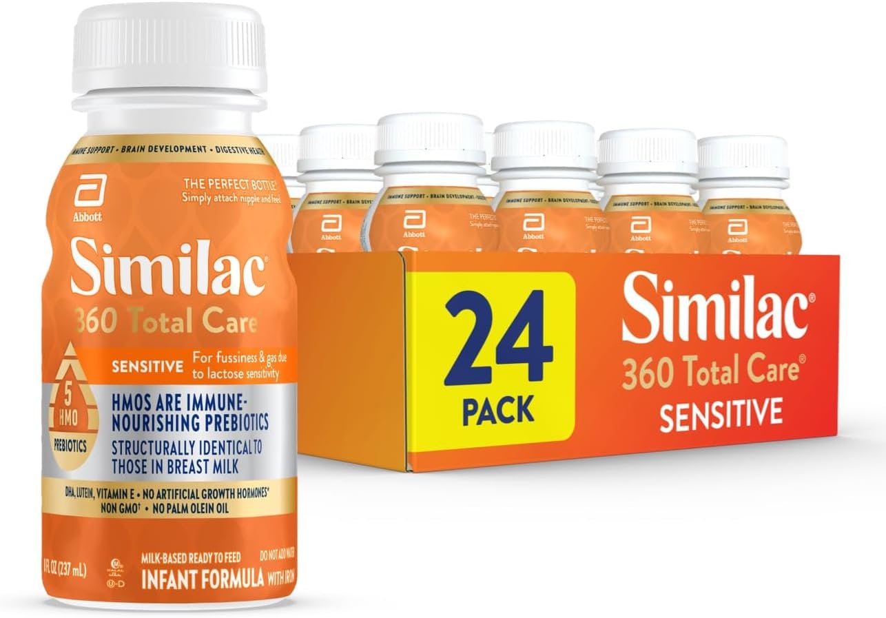 Similac 360 Total Care Sensitive Infant Formula for Fussiness & Gas Due to Lactose Sensitivity, Has 5 HMO Prebiotics, Non-GMO, Baby Formula, Ready to Feed, 8-fl-oz Bottle, Pack of 24