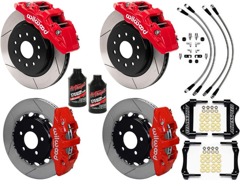 WILWOOD WRANGLER JL 14 DIRECT MOUNT FRONT & REAR BIG BRAKE KIT WITH FREE BRAKE LINES & FLUID - SLOTTED ROTORS, RED CALIPERS, Compatible with 2018-2024 JEEP WRANGLER JL