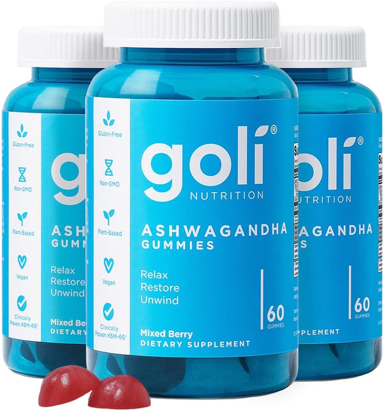 Goli Ashwagandha Gummies with KSM-66 and Vitamin D - Premium Root Extract - Vegan, Non-GMO - Mixed Berry Flavor - 60 Count (3-Pack, 180 Total)