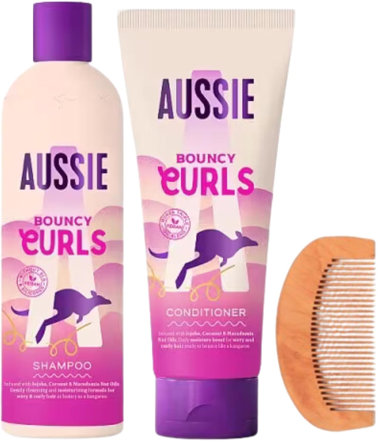 Bouncy Curls Shampoo & Conditioner Bundle with 1x Aussie BC Shampoo 300ml, 1x Conditioner 200ml, 1x CHG Wooden Comb - Defined Curls Frizz Control Moisturising Hydrating Shine Nourishment